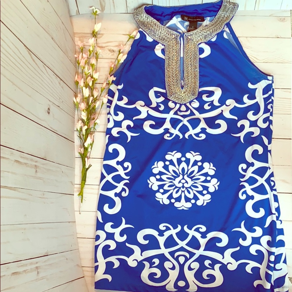 INC BLUE & SILVER BEADED HALTER STYLE TANK SIZE S